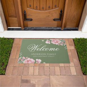 Elegant Sage Green Floral Custom Doormat
