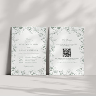 Elegant Sage Green Floral Garden QR Code Wedding Invitation