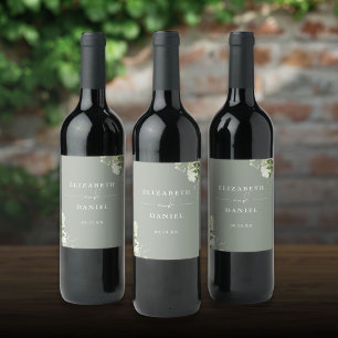 Elegant Sage Green Floral Greenery Wedding Wine Label
