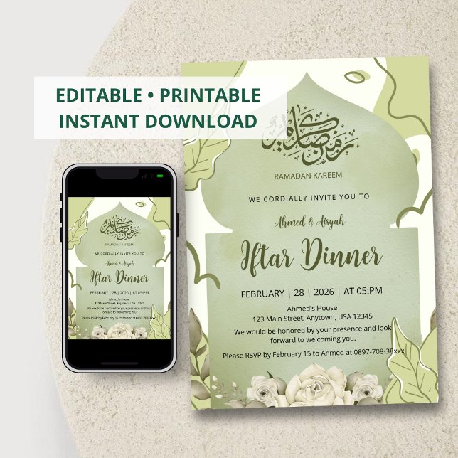 Elegant Sage Green Floral Iftar Dinner Invitation (Creator Uploaded)