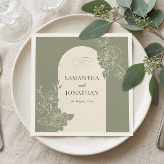 Elegant Sage Green Floral Ivory Arch Wedding Date Napkin