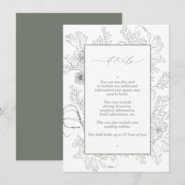Elegant Sage Green Floral Line Art Wedding Details Enclosure Card (Front/Back)