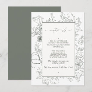 Elegant Sage Green Floral Line Art Wedding Details Enclosure Card