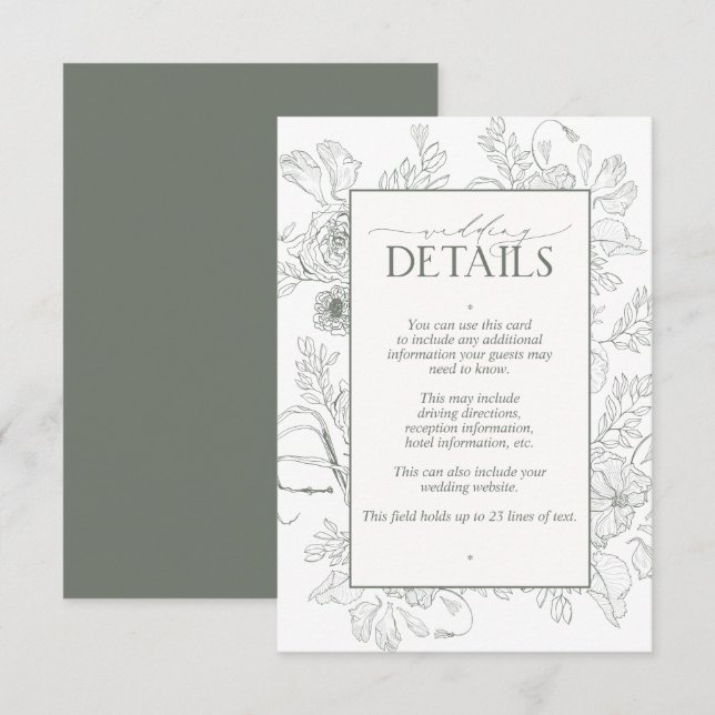 Elegant Sage Green Floral Line Art Wedding Details Enclosure Card (Front/Back)