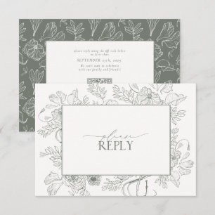 Elegant Sage Green Floral Line Art Wedding QR Code RSVP Card