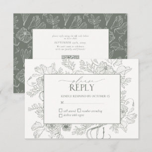 Elegant Sage Green Floral Line Art Wedding RSVP Card
