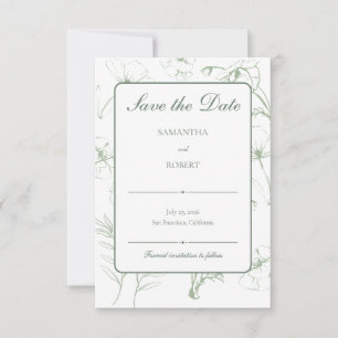 Elegant Sage Green Floral Line Art Wedding Save The Date