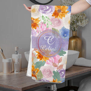 Elegant Sage Green Floral Monogram Bath Towel Set