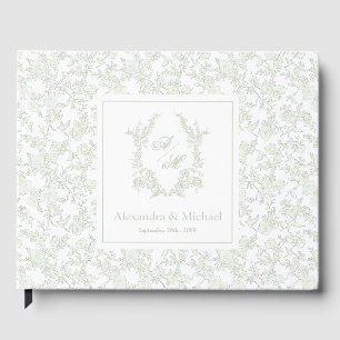 Elegant Sage Green Floral Monogram Crest Wedding Guest Book