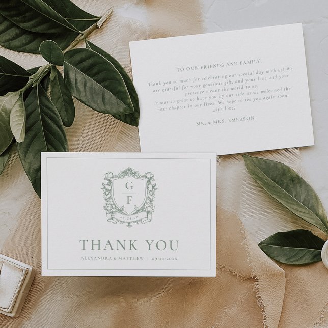 Elegant Sage Green Floral Monogram Crest Wedding Thank You Card (Creator Uploaded)