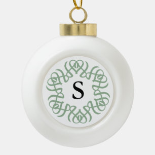 Elegant Sage Green Floral Monogram Family Ceramic Ball Christmas Ornament