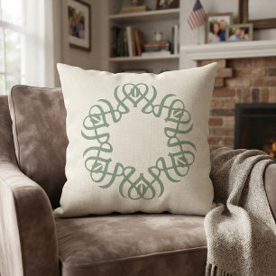 Elegant Sage Green Floral Monogram Family Round Cushion