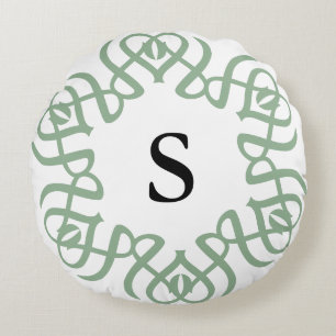 Elegant Sage Green Floral Monogram Family Round Cushion