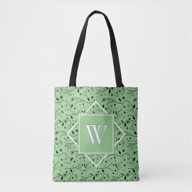Elegant | Sage Green | Floral | MONOGRAM Tote Bag (Front)