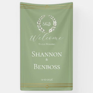 Elegant Sage Green Floral Monogram Wedding Welcome Banner