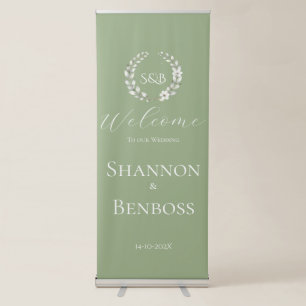 Elegant Sage Green Floral Monogram Wedding Welcome Retractable Banner