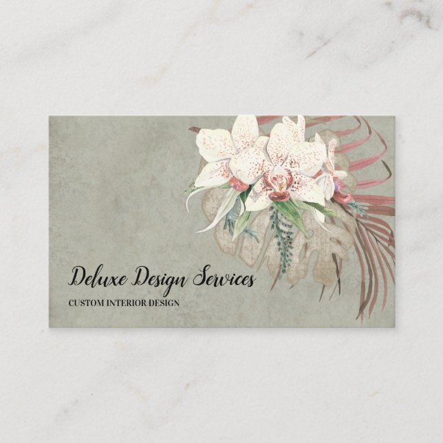 Elegant Sage Green Floral Orchid Foliage Greenery Business Card (Front)