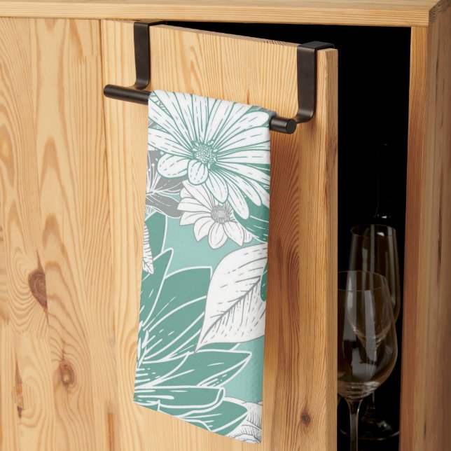Elegant Sage Green Floral Pattern Tea Towel (Thirds Fold)