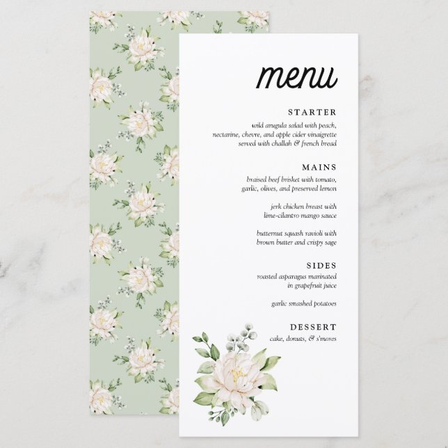 Elegant Sage Green Floral Peony Dinner Menu (Front/Back)