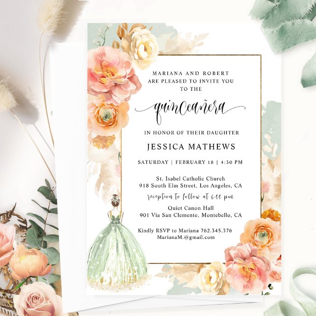 Elegant Sage Green Floral Princess Quinceañera Invitation (Creator Uploaded)