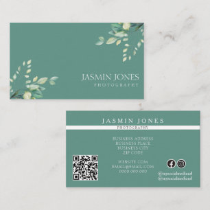Elegant Sage Green Floral QR Code Business Card
