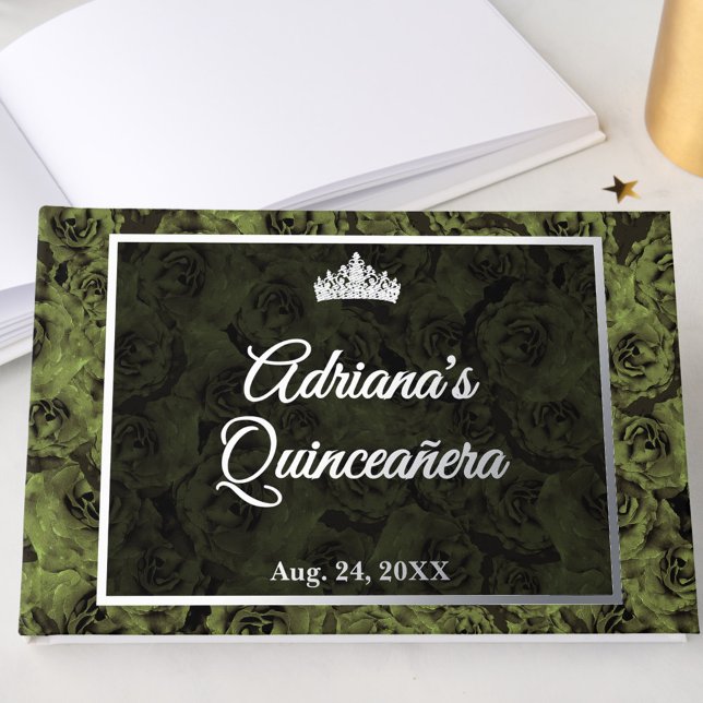 Elegant Sage Green Floral Quinceanera Silver Guest Book (Creator Uploaded)