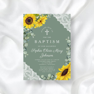 Elegant Sage Green Floral Religious Baptism Invitation