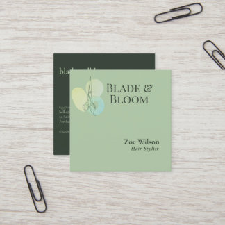 Elegant Sage Green Floral Scissors Hair Stylist Square Business Card
