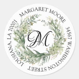 Elegant Sage Green Floral Script Monogram Address Classic Round Sticker