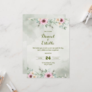 Elegant Sage Green Floral Watercolor Wedding Invi Invitation