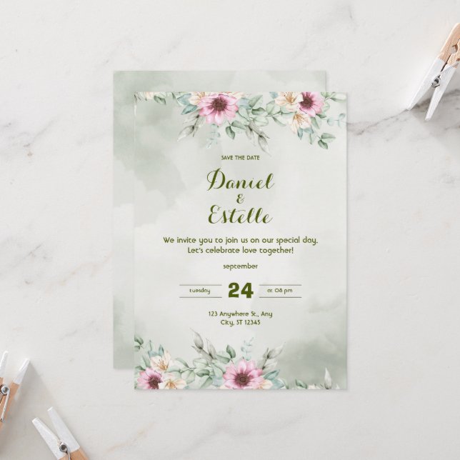 Elegant Sage Green Floral Watercolor Wedding Invi Invitation (Front/Back In Situ)