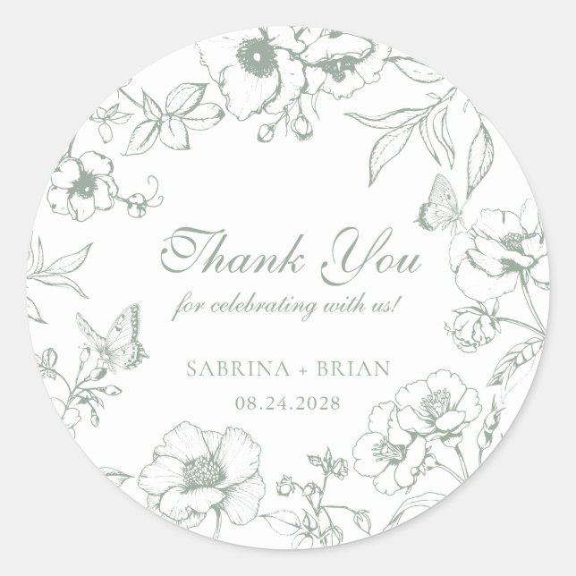 Elegant Sage Green Floral Wedding Thank You Classic Round Sticker (Front)