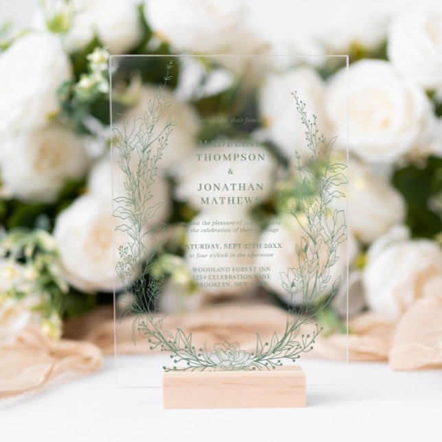 Elegant Sage Green Floral Wreath Monogram Wedding Acrylic Invitations (Creator Uploaded)