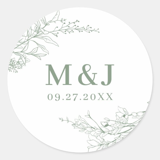 Elegant Sage Green Floral Wreath Monogram Wedding Classic Round Sticker (Front)