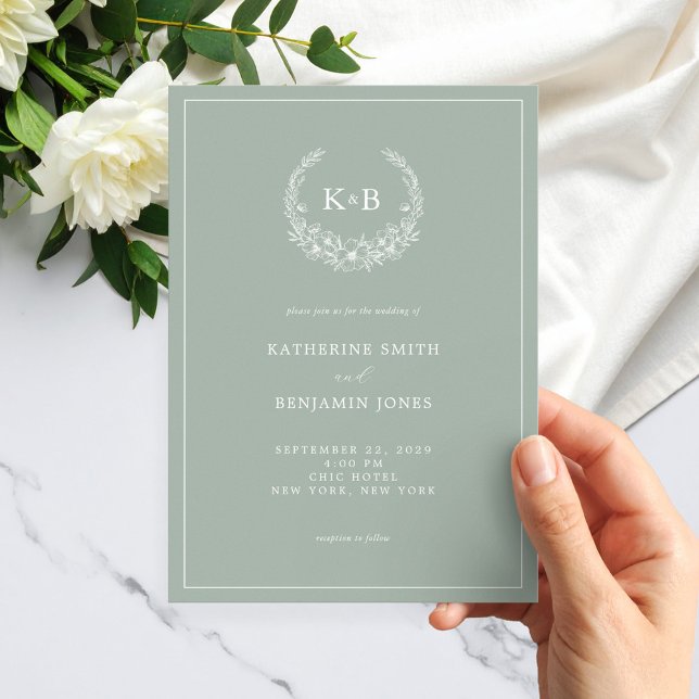 Elegant Sage Green Floral Wreath Monogram Wedding Invitation (Creator Uploaded)