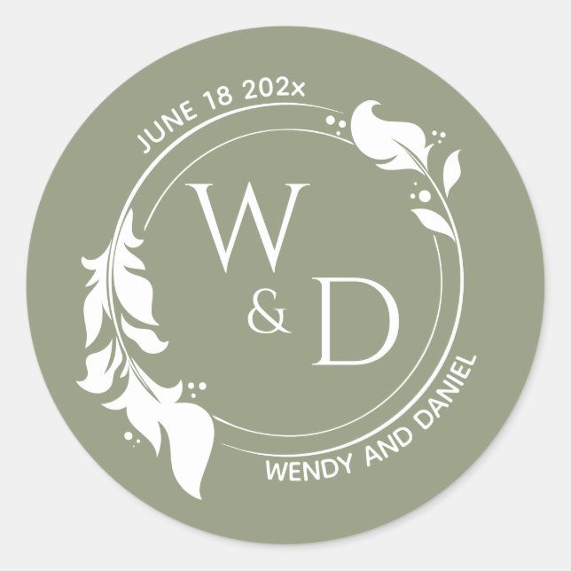 Elegant Sage Green Foliage Double Ring Monogram Classic Round Sticker (Front)