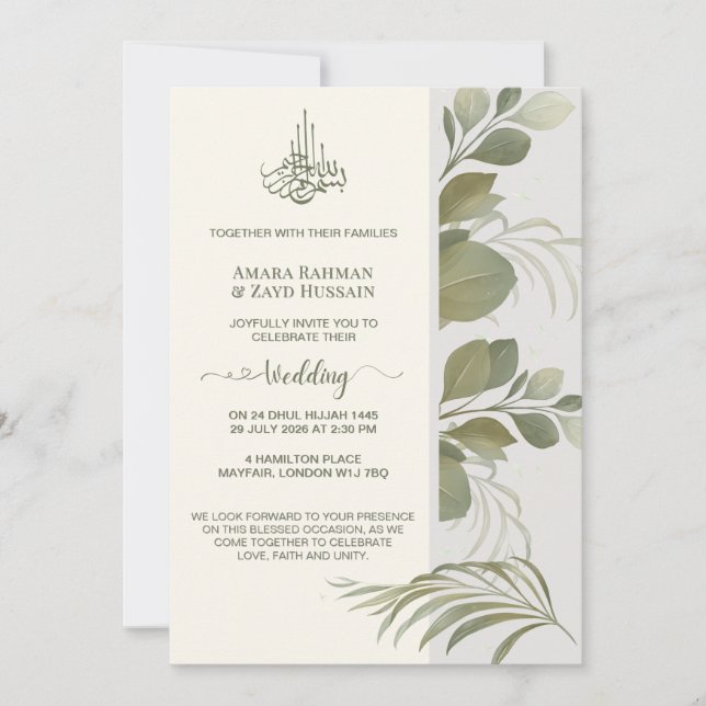 Elegant Sage Green Foliage Wedding Invitation (Front)