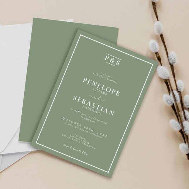 Elegant Sage Green Formal Monogram Wedding  Invitation (Creator Uploaded)