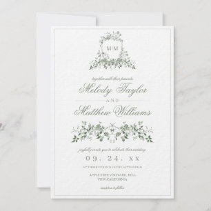 Elegant Sage Green French Floral Crest Wedding Invitation