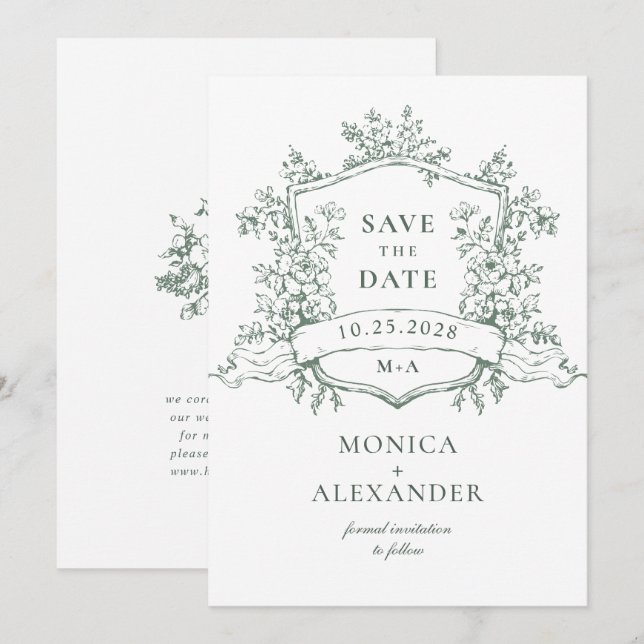 Elegant Sage Green French Garden Flowers Wedding Save The Date (Front/Back)