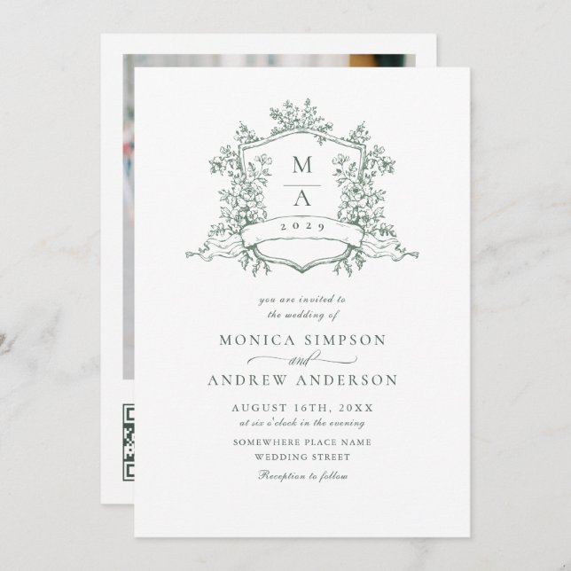 Elegant Sage Green French Garden Wedding QR code Invitation (Front/Back)