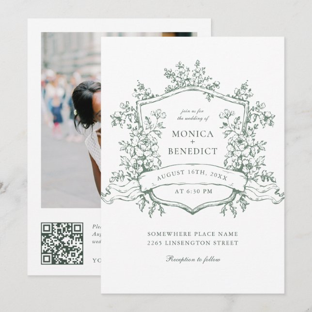 Elegant Sage Green French Garden Wedding QR code Invitation (Front/Back)