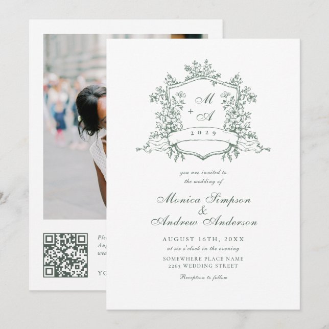 Elegant Sage Green French Garden Wedding QR code Invitation (Front/Back)