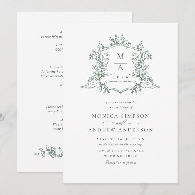 Elegant Sage Green French Roses Garden Wedding Invitation (Front/Back)