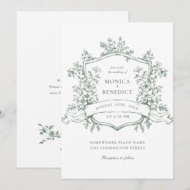 Elegant Sage Green French Roses Garden Wedding Invitation (Front/Back)