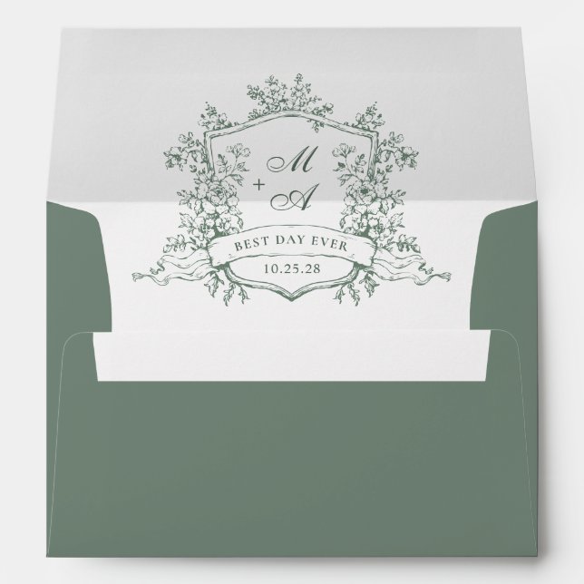 Elegant Sage Green French Toile Wedding Flowers Envelope (Back (Bottom))