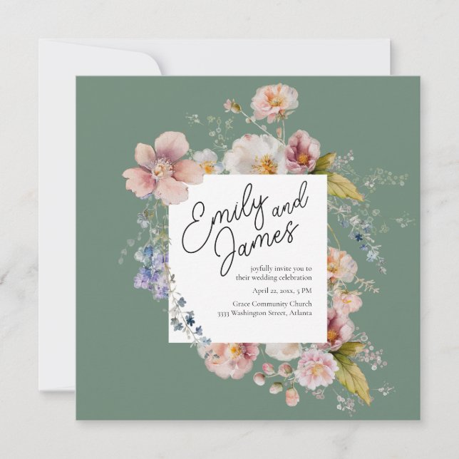 Elegant Sage Green Garden Wildflower Wedding Invitation (Front)