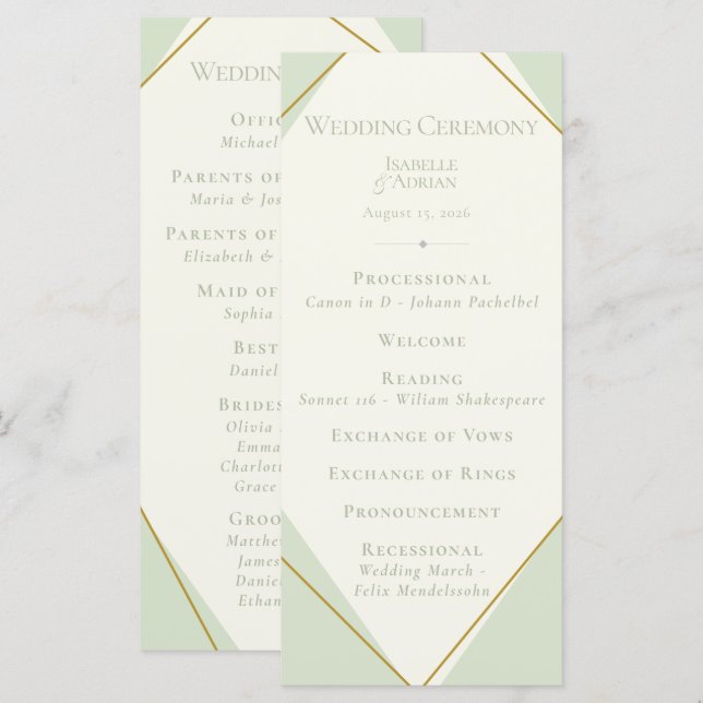 Elegant Sage Green Geometric Wedding Program Programme (Front/Back)