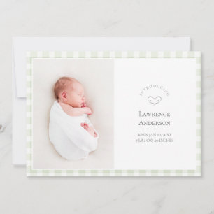 Elegant Sage Green Gingham 2 Photo Baby Birth Announcement