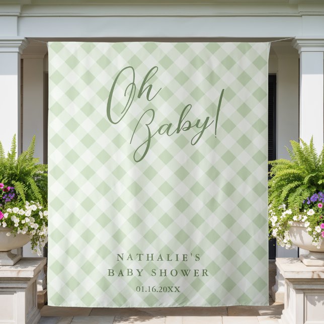 Elegant Sage Green Gingham Baby Shower Backdrop Tapestry (Creator Uploaded)